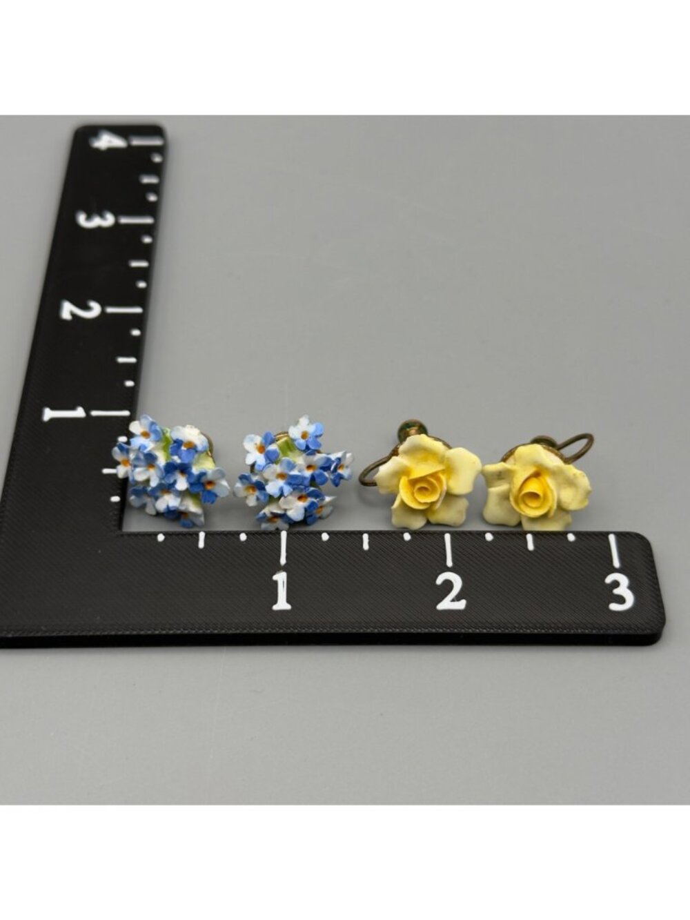 Vintage Denton England Blue Yellow Porcelain Flower Cluster Earrings Set of 2 - Picture 13 of 14